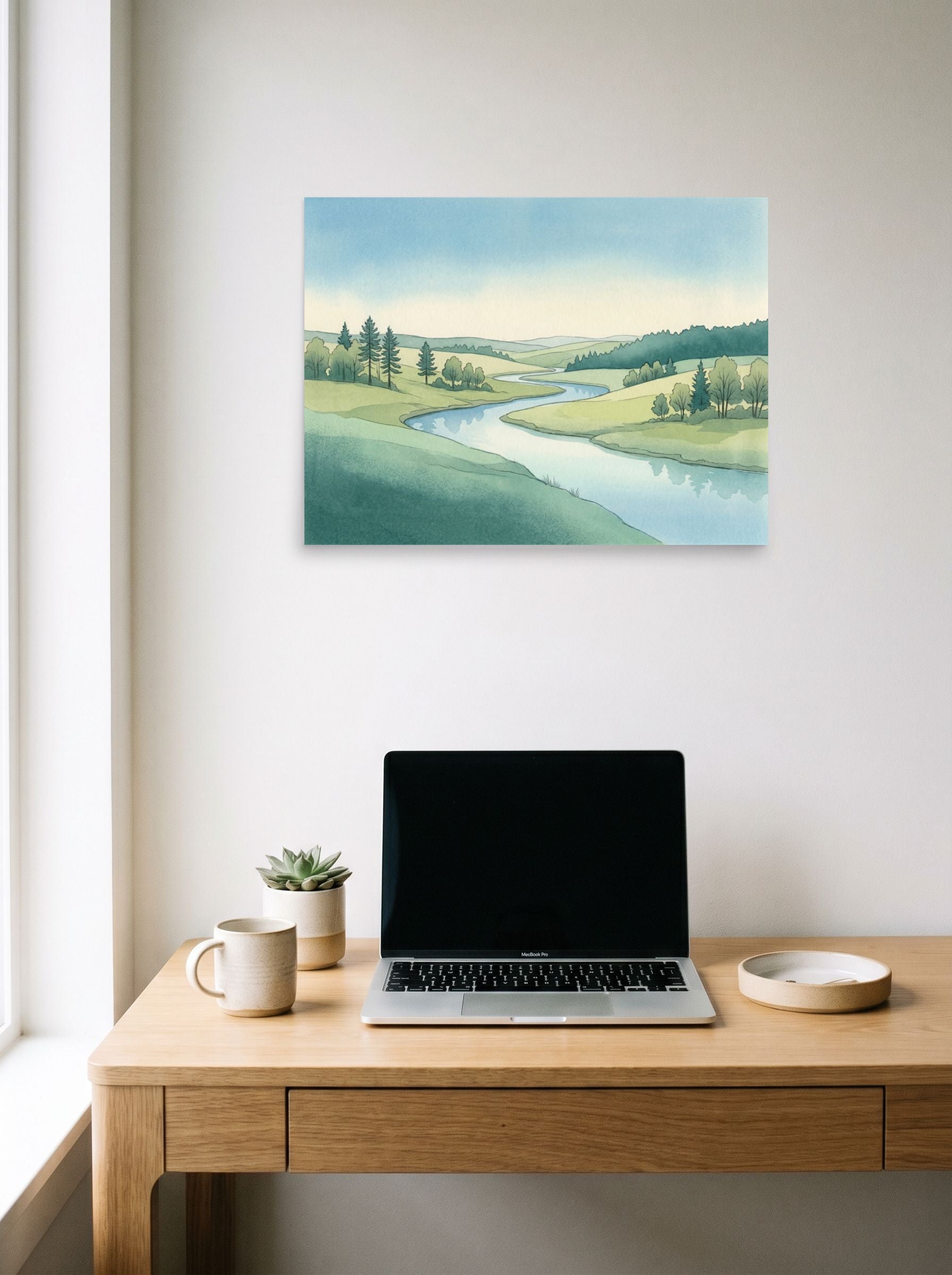 A 24x18 inch unframed paper Realism print of 'Valley Stream' hanging above a worktable with a laptop.
