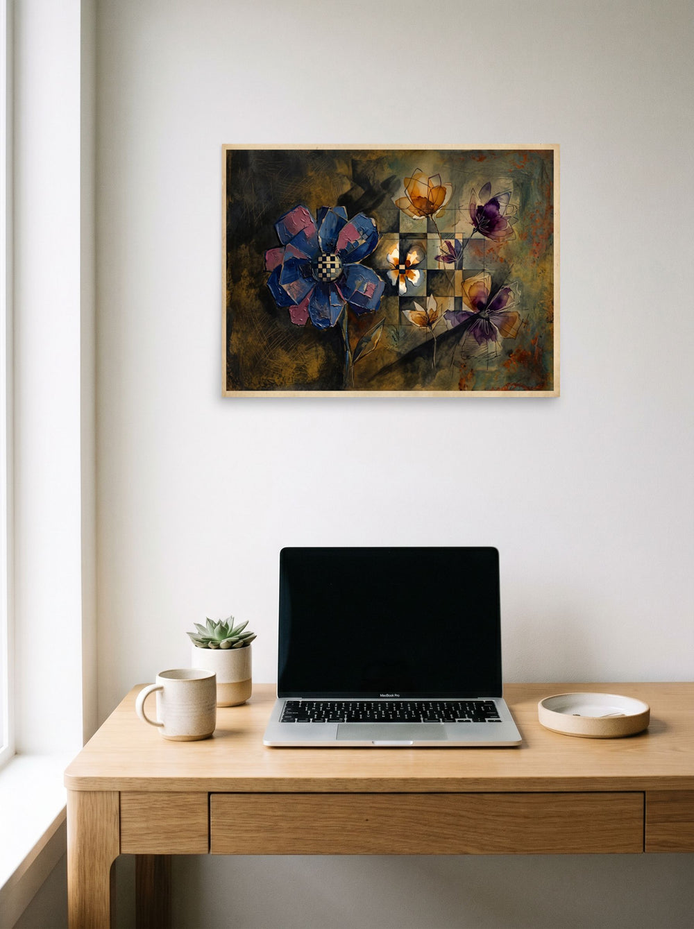 See 'Checkered Flora' as a unframed paper print (24x18 inch), hanging above a worktable with a laptop.