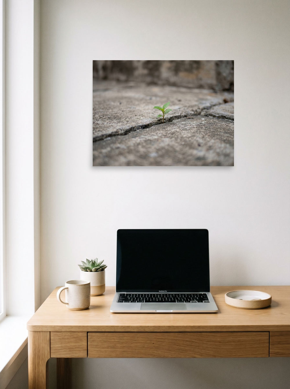 A 24x18 inch unframed paper Art photography print of 'Concrete Resilience' hanging above a worktable with a laptop.