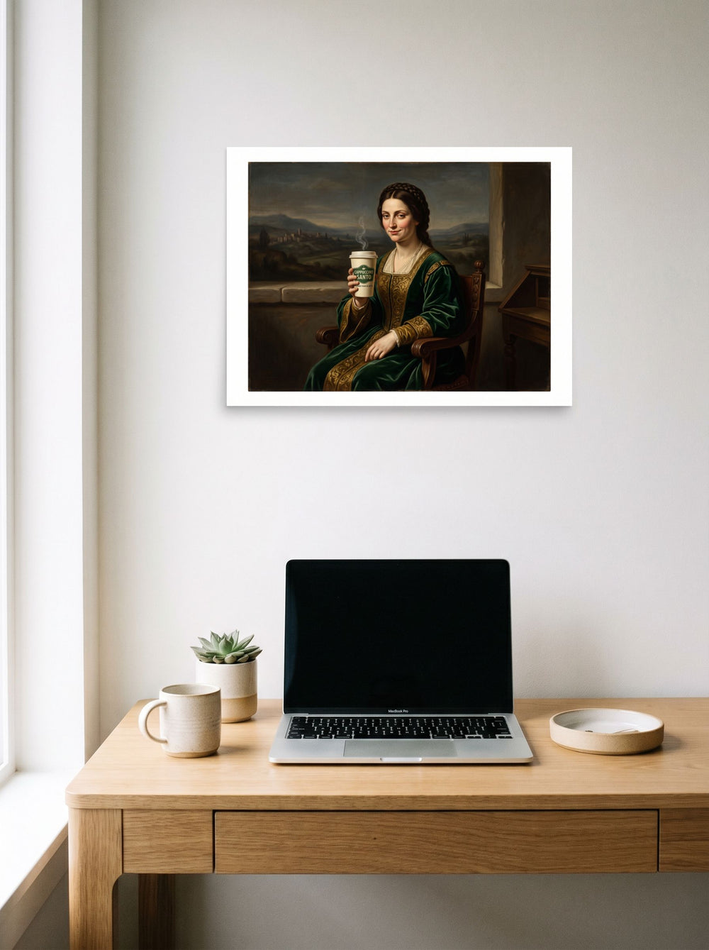 unframed paper wall art 'Cappuccino Santo' styled above a home-office workspace, at 24x18 inch.