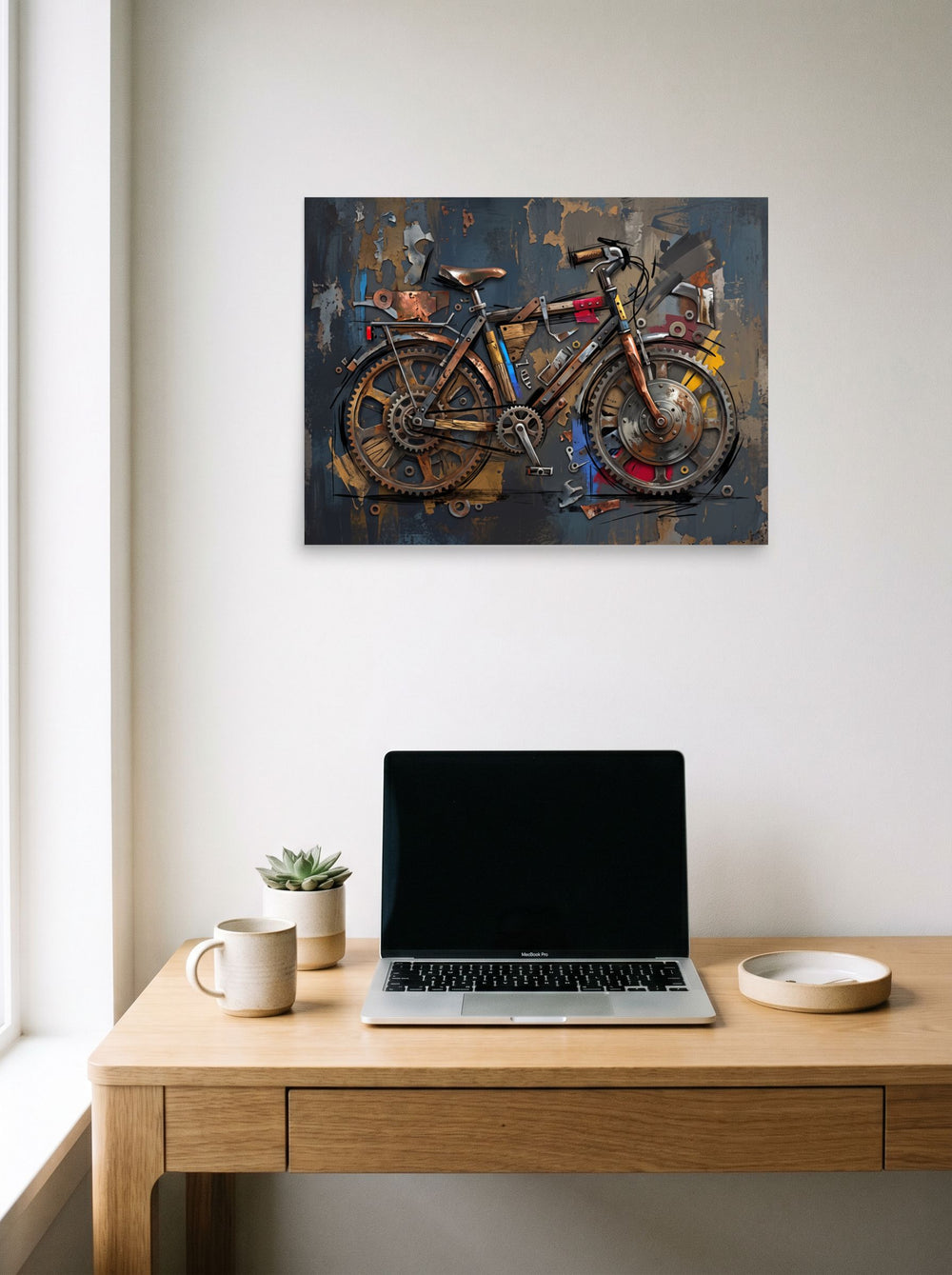 A unframed paper print of the Dau-al-Set artwork 'Mechanical Cadence', styled above a home-office workspace.