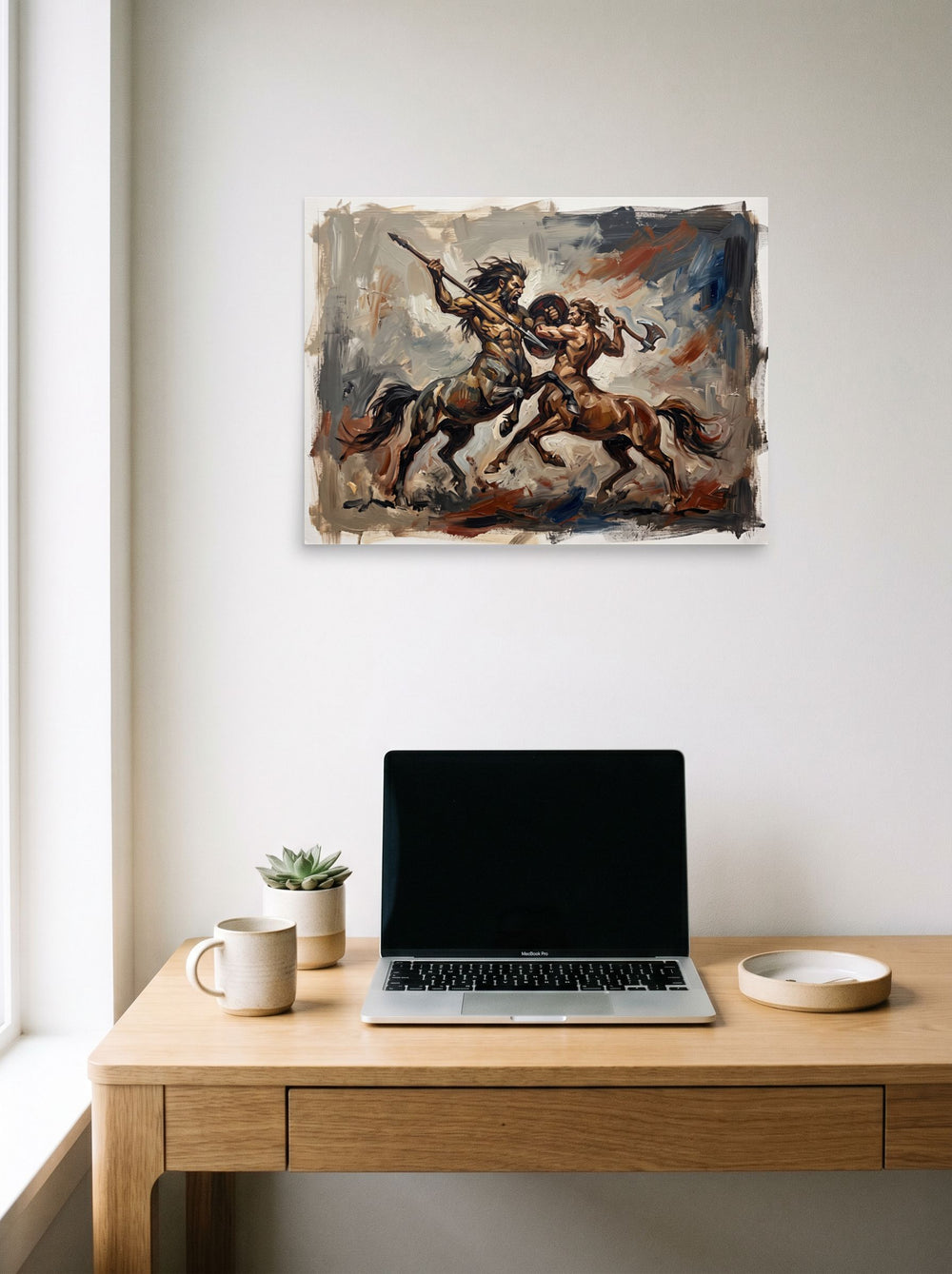 See 'Clash of the Centaurs' as a unframed paper print (24x18 inch), displayed over a compact desk setup.