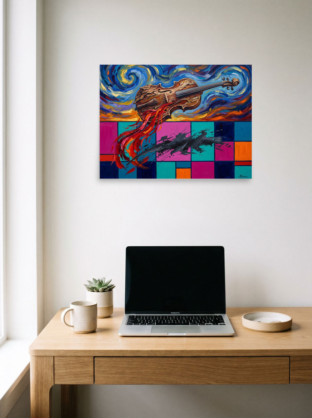 Post-Impressionism wall art 'Symphony of Two Realms', unframed paper at 24x18 inch, hanging above a worktable with a laptop.