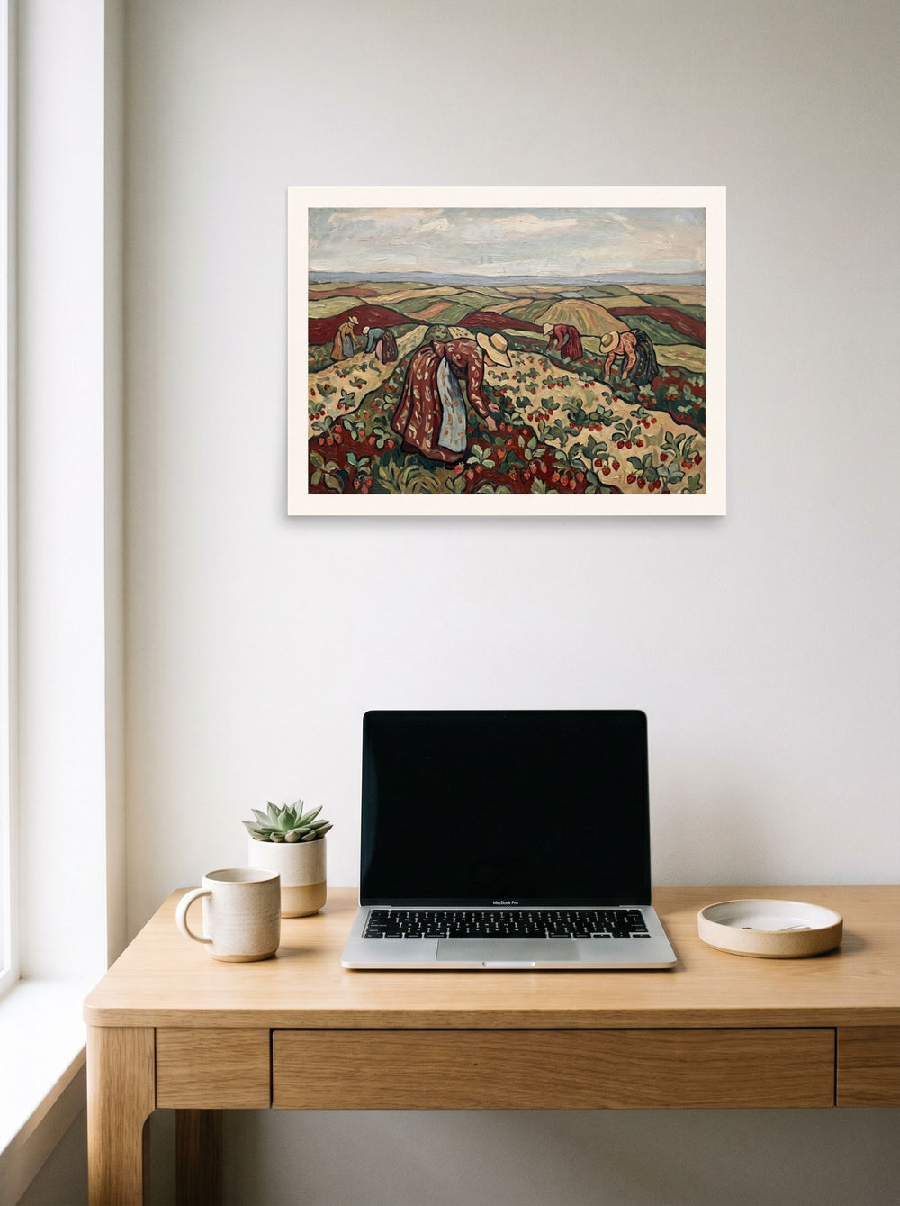 A 24x18 inch unframed paper version of 'Strawberry Harvest in Rolling Hills', Les Nabis wall art, styled above a home-office workspace.