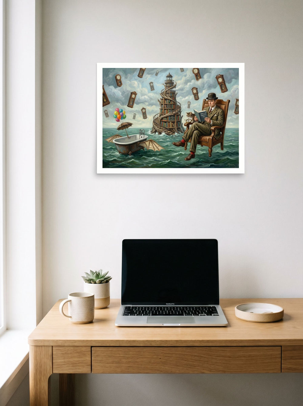 A 24x18 inch unframed paper Surrealism print of 'Reading in the Sea of Time' hanging above a worktable with a laptop.