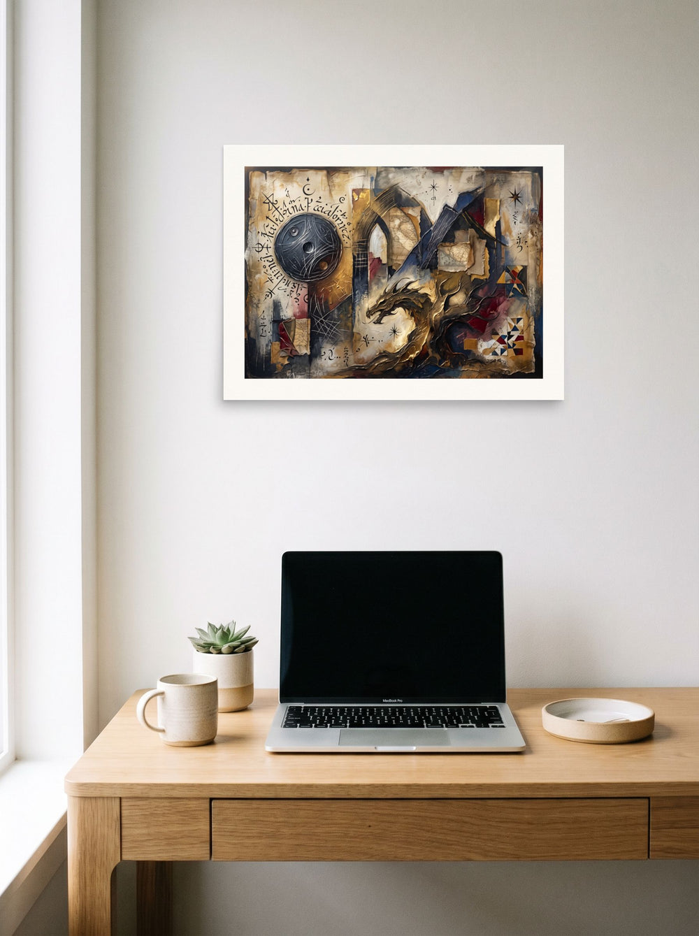 'The Alchemist's Dragon' displayed over a compact desk setup. A 24x18 inch unframed paper Dau-al-Set print.