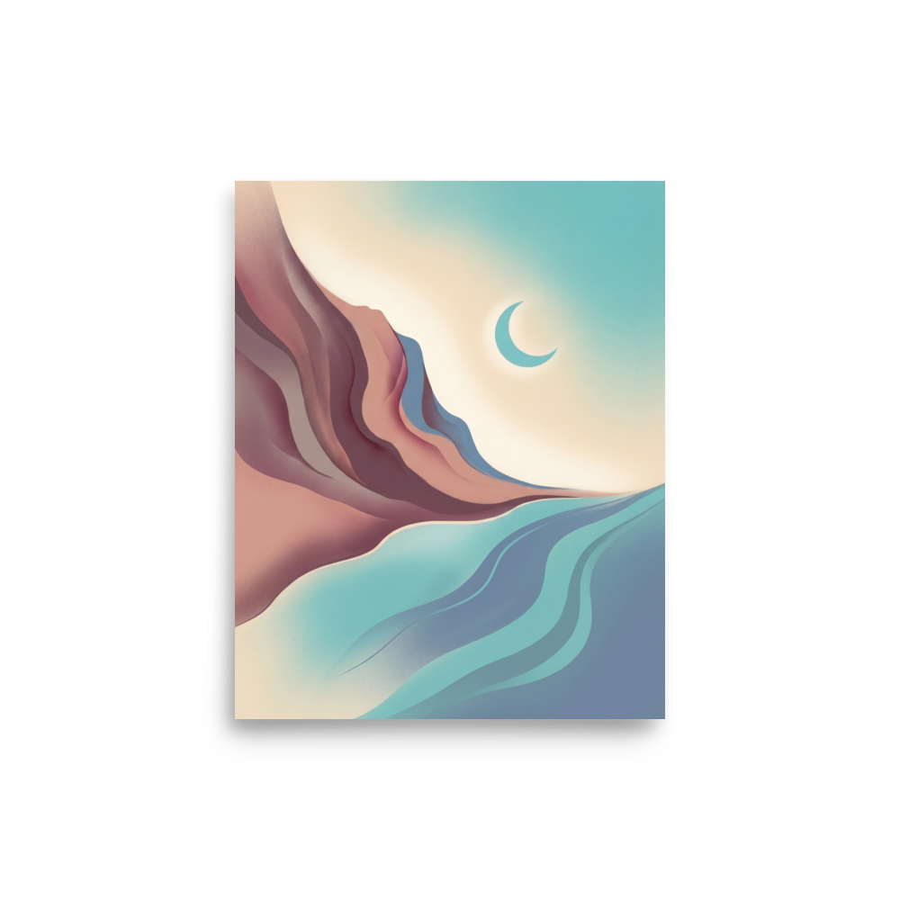 'Canyon Moonrise' — a Minimalism print. A minimalist landscape of smooth pastel canyons, a flowing river, and a crescent moon, perfect for a calming bedroom.