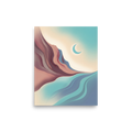 'Canyon Moonrise' — a Minimalism print. A minimalist landscape of smooth pastel canyons, a flowing river, and a crescent moon, perfect for a calming bedroom.