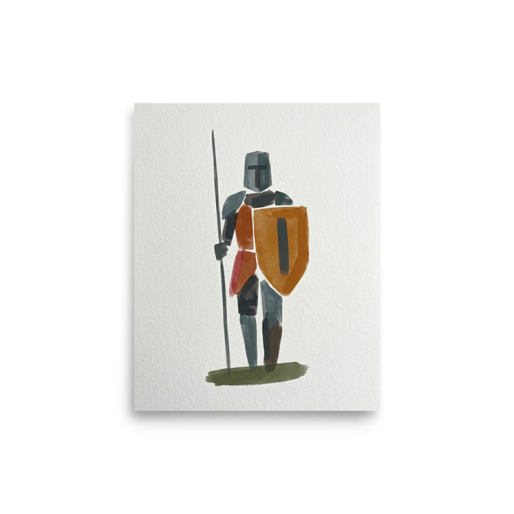 'Abstract Guardian' — a Minimalism print. An abstract minimalist painting of a knight with a shield and spear on a white textured background, great for a modern Entryway or Office.