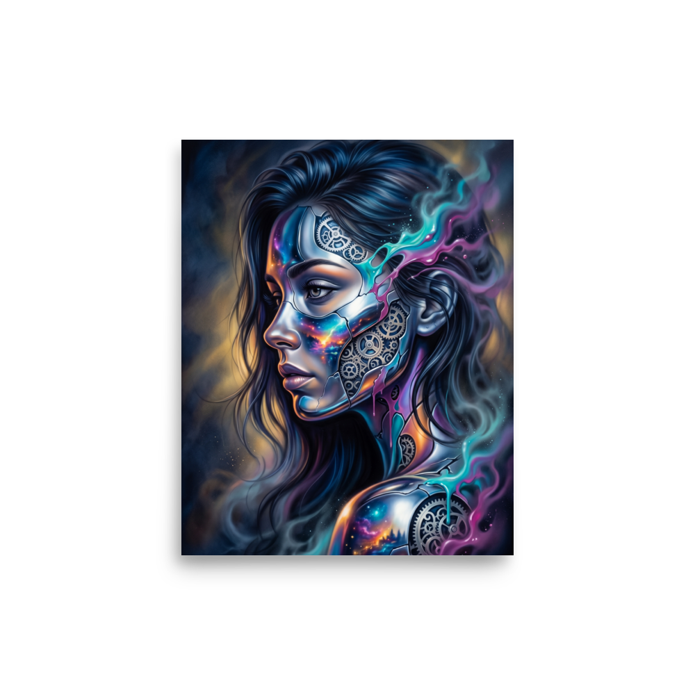 'Cosmic Clockwork' — a Surrealism print. A surreal cyberpunk portrait of a woman with gears and galaxies inside her face for a game room, framed by glowing teal and pink smoke.
