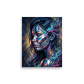 'Cosmic Clockwork' — a Surrealism print. A surreal cyberpunk portrait of a woman with gears and galaxies inside her face for a game room, framed by glowing teal and pink smoke.
