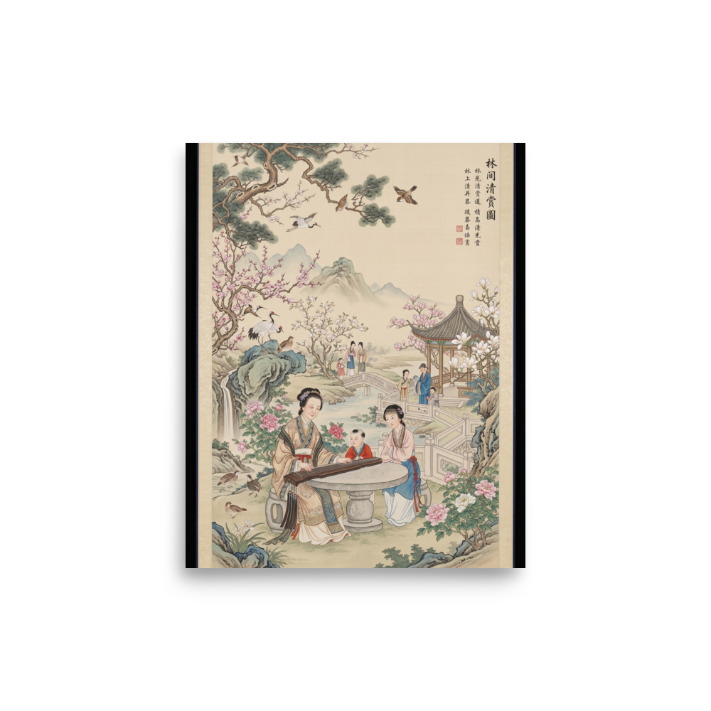'Melody in the Spring Garden' — a Fine Art print. Perfect for a living room, this traditional Chinese Gongbi style painting features a woman playing a guqin in a lush garden with blossoming flowers, pine trees, cranes, a pavilion, and distant misty mountains.