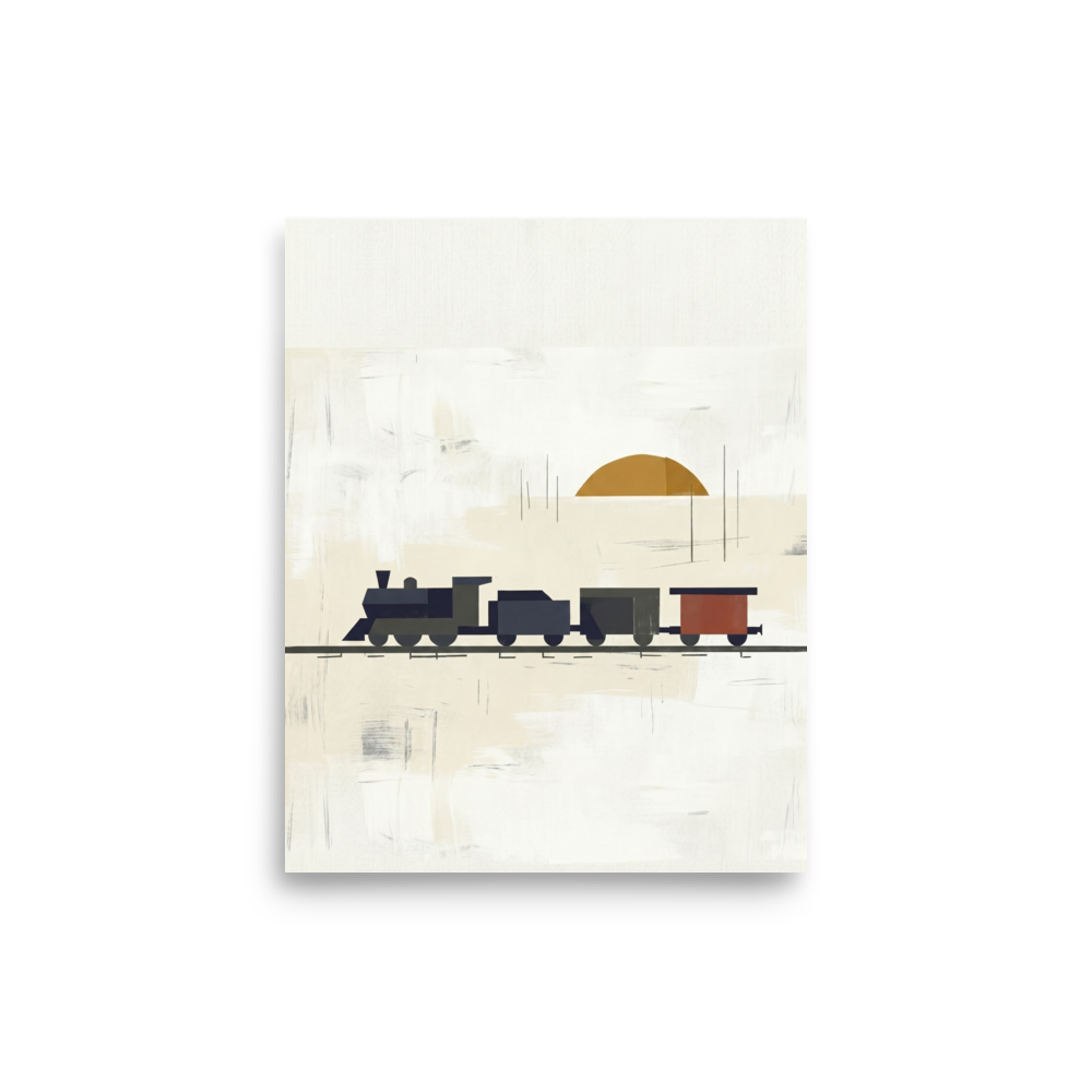'Sunrise Locomotive' — a Minimalism print. A minimalist painting of a vintage steam train in dark colors against a cream background with an orange sun, ideal for a Boy's Bedroom or Office.