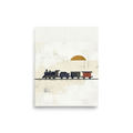 'Sunrise Locomotive' — a Minimalism print. A minimalist painting of a vintage steam train in dark colors against a cream background with an orange sun, ideal for a Boy's Bedroom or Office.