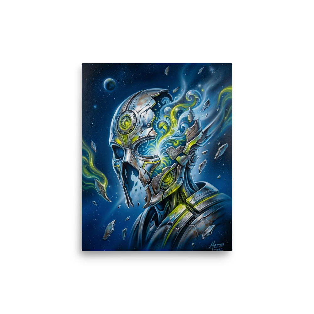 'Shattered Automaton' — a Surrealism print. A metallic robot head shattering to reveal a swirling glowing cosmic interior against a starry space background, perfect for a modern Game Room.