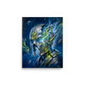 'Shattered Automaton' — a Surrealism print. A metallic robot head shattering to reveal a swirling glowing cosmic interior against a starry space background, perfect for a modern Game Room.