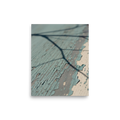 'Fading Blue' — a Art photography print. A close-up photograph of peeling light blue paint on weathered wood with a sharp shadow of a tree branch, suitable for a cozy Sunroom or Bedroom.