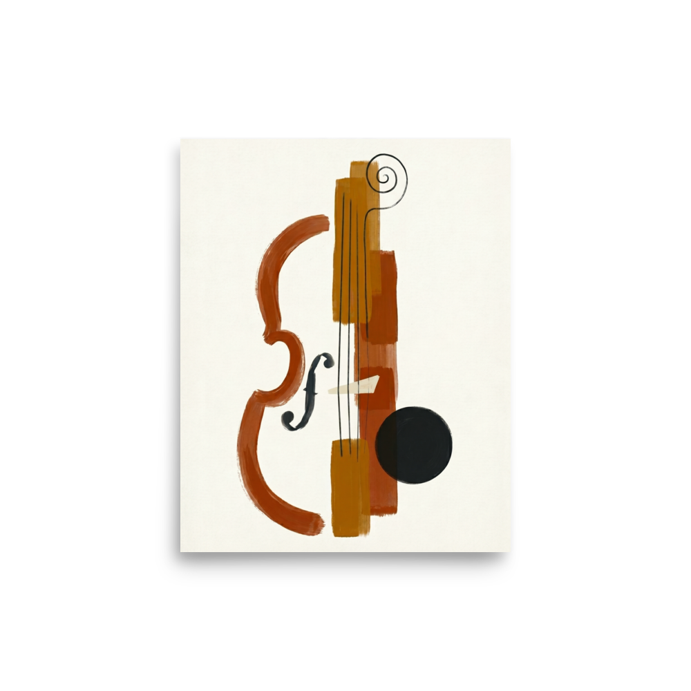 'Symphony in Fragments' — a Minimalism print. A minimalist abstract painting deconstructing a violin or cello using rust, orange, and black brushstrokes on a white background, perfect for a Music Room or Living Room.