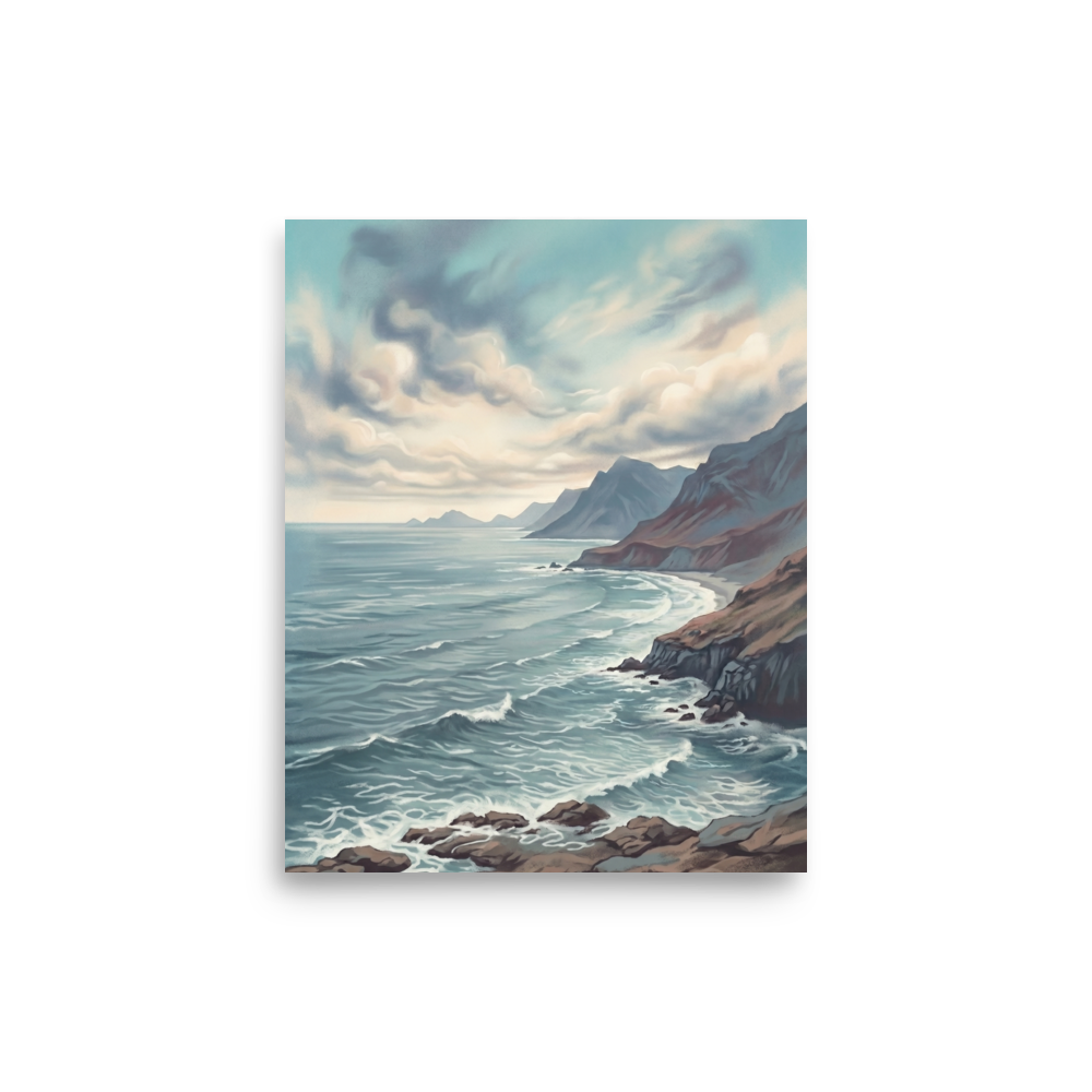 'Coastal Echoes' — a Romanticism print. A brooding painting of a rugged coastline with dark mountains and a restless ocean under a cloudy sky, suited for an office.