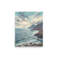'Coastal Echoes' — a Romanticism print. A brooding painting of a rugged coastline with dark mountains and a restless ocean under a cloudy sky, suited for an office.