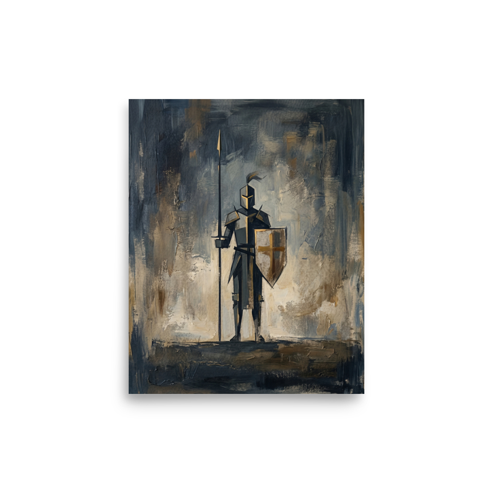 'The Golden Sentinel' — a Minimalism print. A minimalist painting of a knight holding a spear and a shield with gold accents, perfect for a modern Living Room.