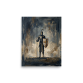 'The Golden Sentinel' — a Minimalism print. A minimalist painting of a knight holding a spear and a shield with gold accents, perfect for a modern Living Room.
