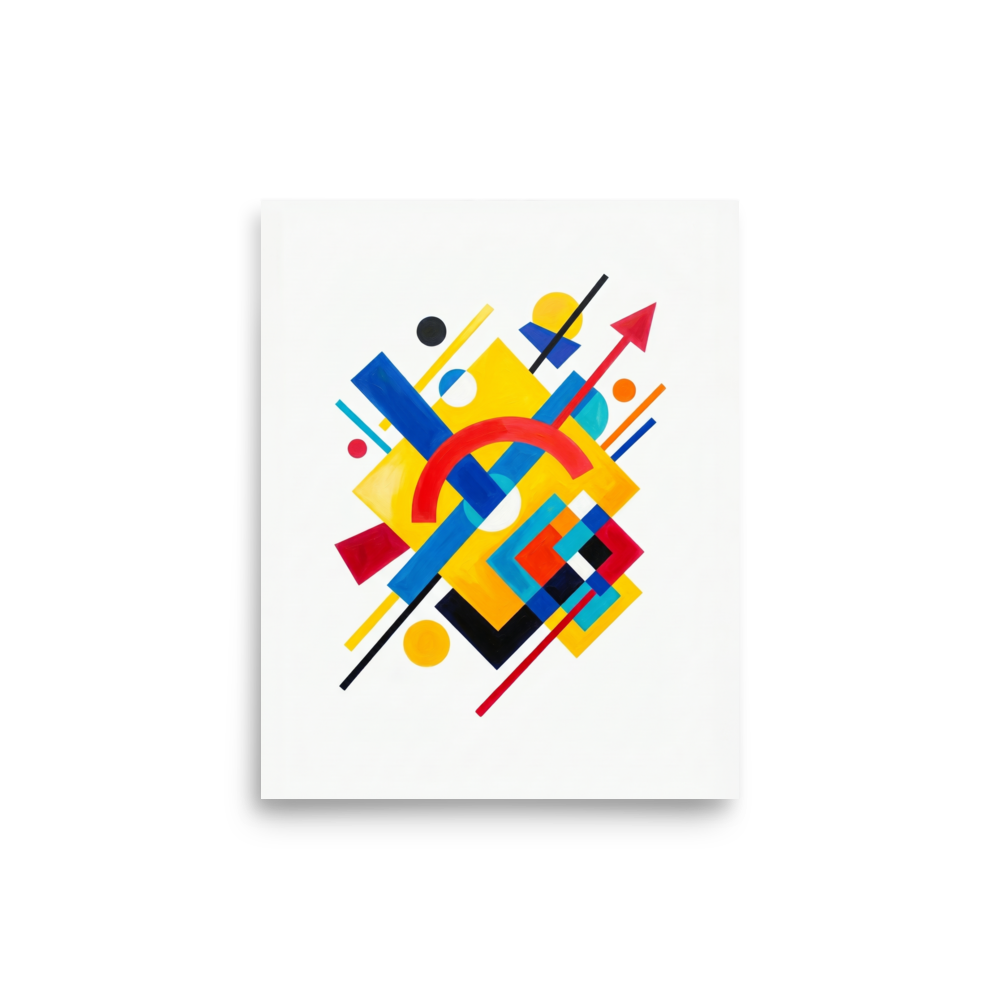 'Directional Energy' — a Suprematism print. A vivid abstract painting featuring overlapping geometric shapes like rectangles, circles, and an arrow in primary colors, a bold addition to a Living Room.