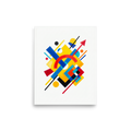 'Directional Energy' — a Suprematism print. A vivid abstract painting featuring overlapping geometric shapes like rectangles, circles, and an arrow in primary colors, a bold addition to a Living Room.