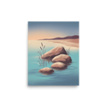 'Zen Waters' — a Minimalism print. A serene painting of smooth rocks and delicate reeds in calm water, ideal for a meditation room.