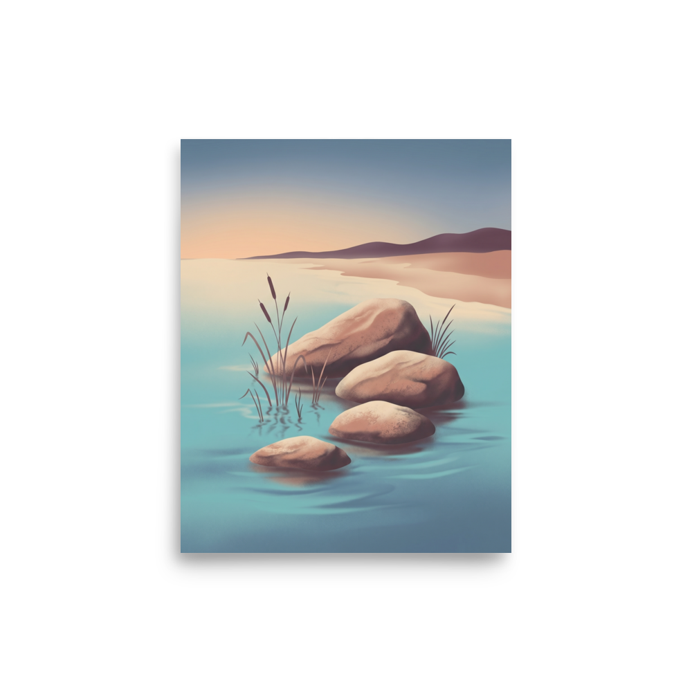 'Zen Waters' — a Minimalism print. A serene painting of smooth rocks and delicate reeds in calm water, ideal for a meditation room.