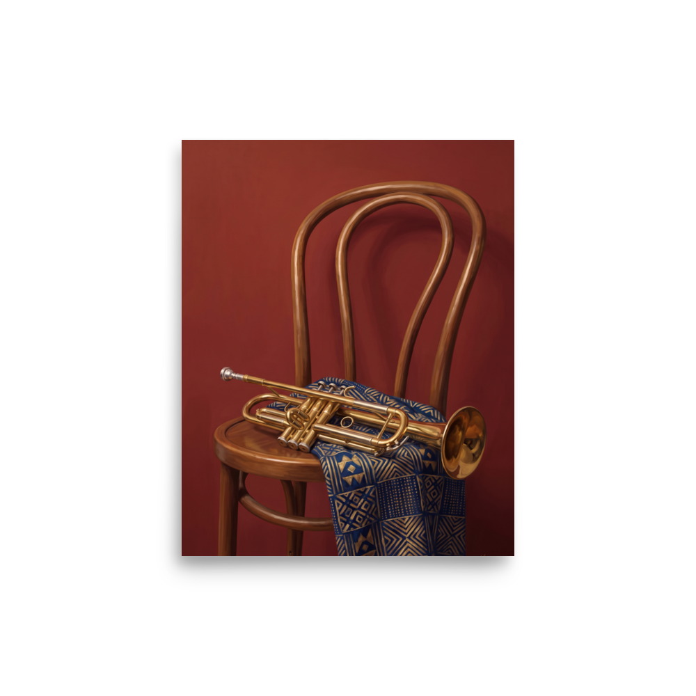 'Brass and Indigo' — a Realism,Modernism print. An oil painting still life featuring a golden trumpet on a wooden chair draped with a blue and gold geometric textile against a deep red wall, perfect for a music room or lounge.