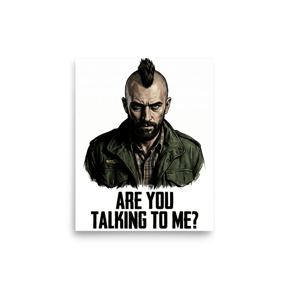 'Talking to Me' — a Pop art,Digital art print. An illustration of Travis Bickle from Taxi Driver with the iconic quote 'Are you talking to me?'.