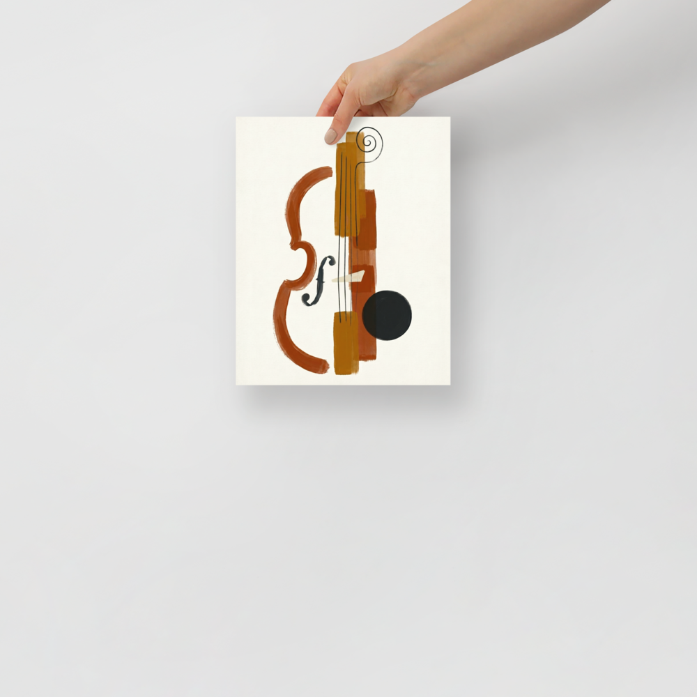'Symphony in Fragments' — a Minimalism print. A minimalist abstract painting deconstructing a violin or cello using rust, orange, and black brushstrokes on a white background, perfect for a Music Room or Living Room.