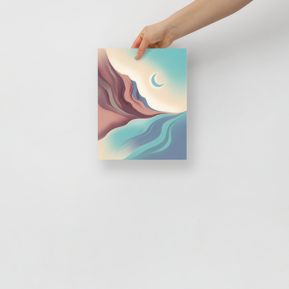 'Canyon Moonrise' — a Minimalism print. A minimalist landscape of smooth pastel canyons, a flowing river, and a crescent moon, perfect for a calming bedroom.