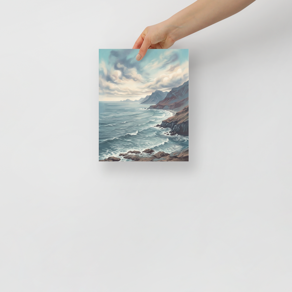 'Coastal Echoes' — a Romanticism print. A brooding painting of a rugged coastline with dark mountains and a restless ocean under a cloudy sky, suited for an office.