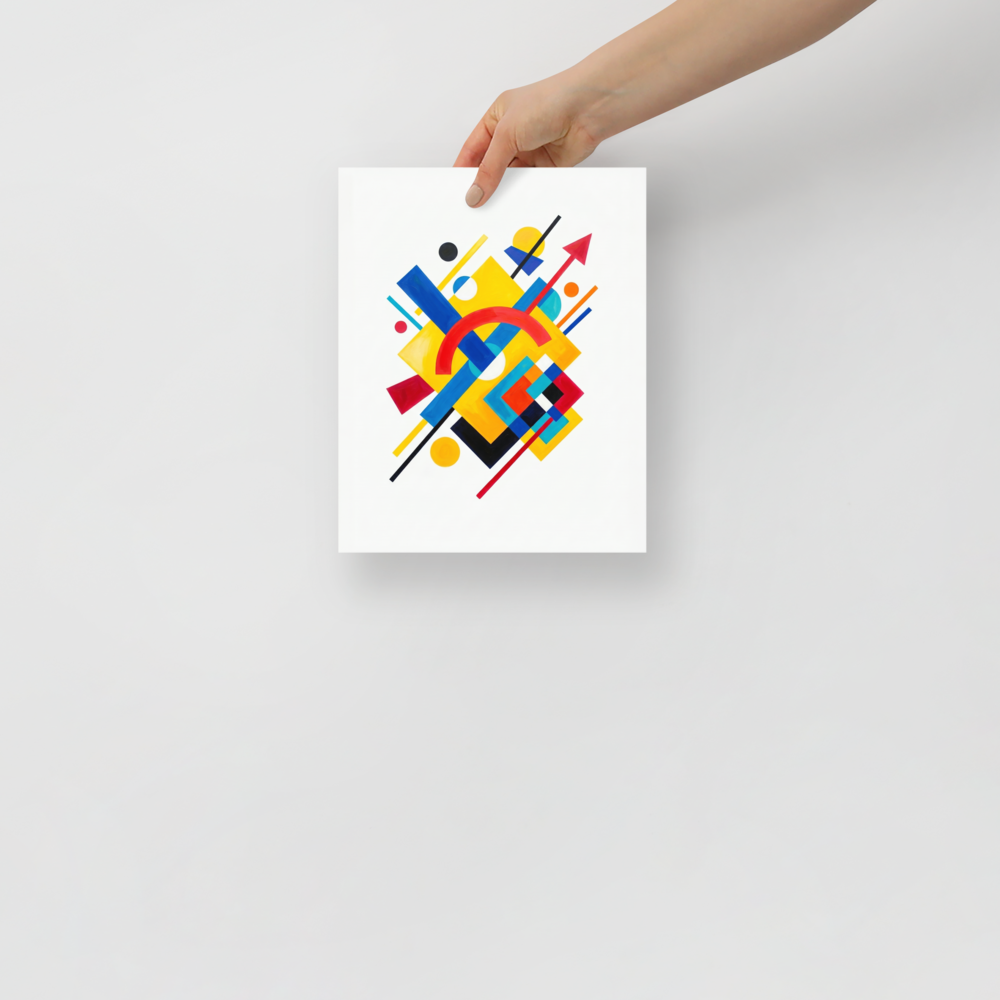 'Directional Energy' — a Suprematism print. A vivid abstract painting featuring overlapping geometric shapes like rectangles, circles, and an arrow in primary colors, a bold addition to a Living Room.