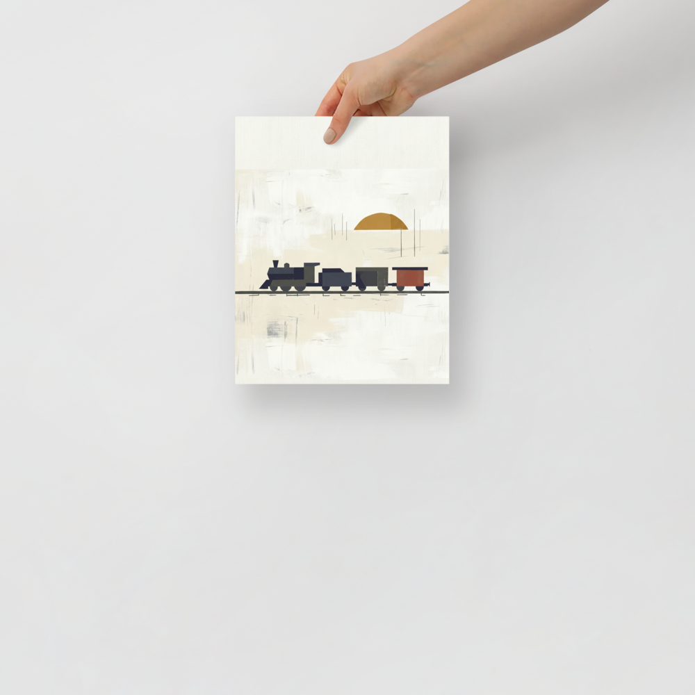 'Sunrise Locomotive' — a Minimalism print. A minimalist painting of a vintage steam train in dark colors against a cream background with an orange sun, ideal for a Boy's Bedroom or Office.