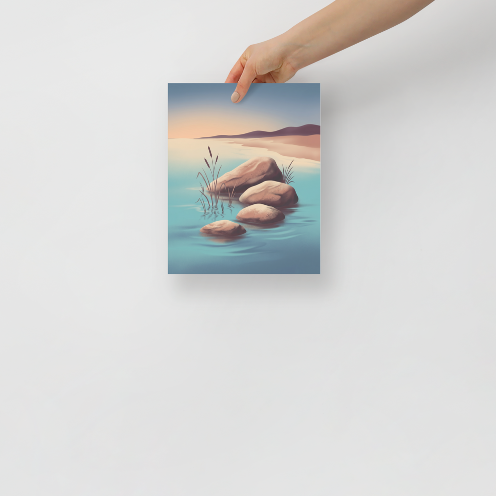 'Zen Waters' — a Minimalism print. A serene painting of smooth rocks and delicate reeds in calm water, ideal for a meditation room.