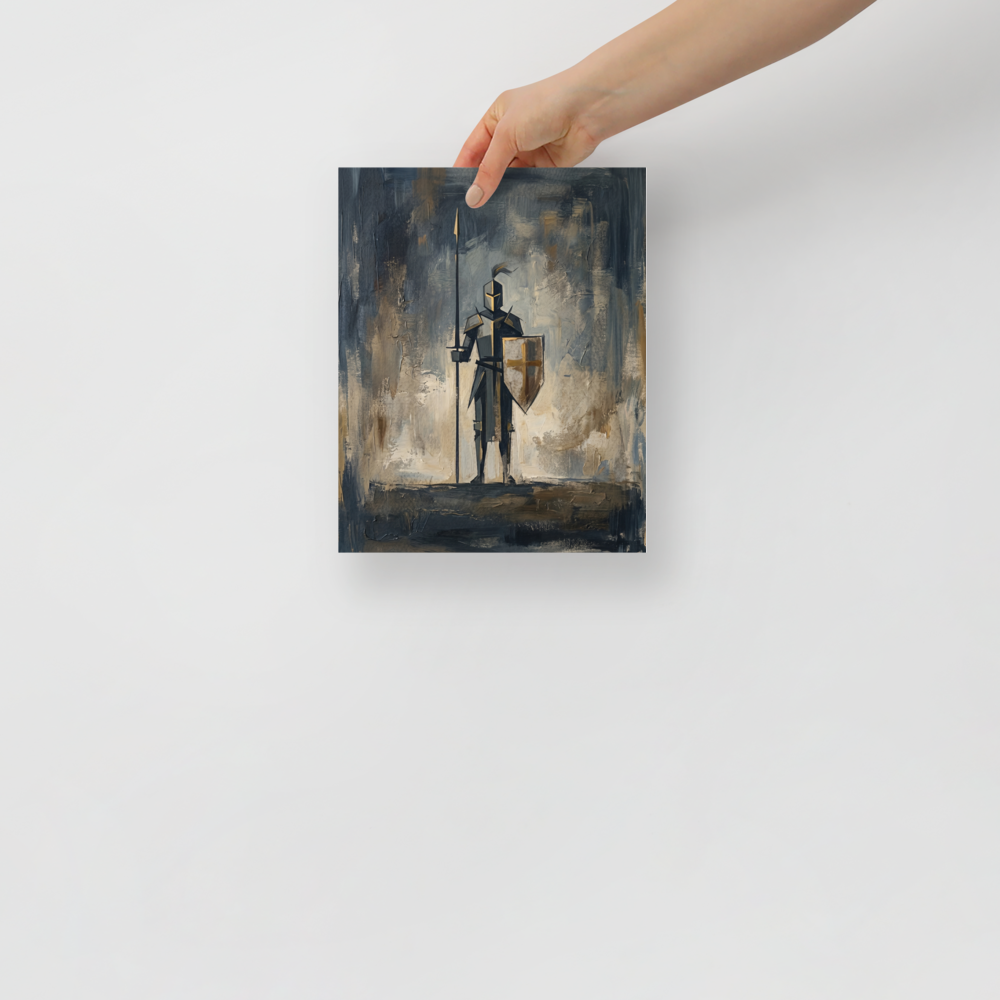 'The Golden Sentinel' — a Minimalism print. A minimalist painting of a knight holding a spear and a shield with gold accents, perfect for a modern Living Room.