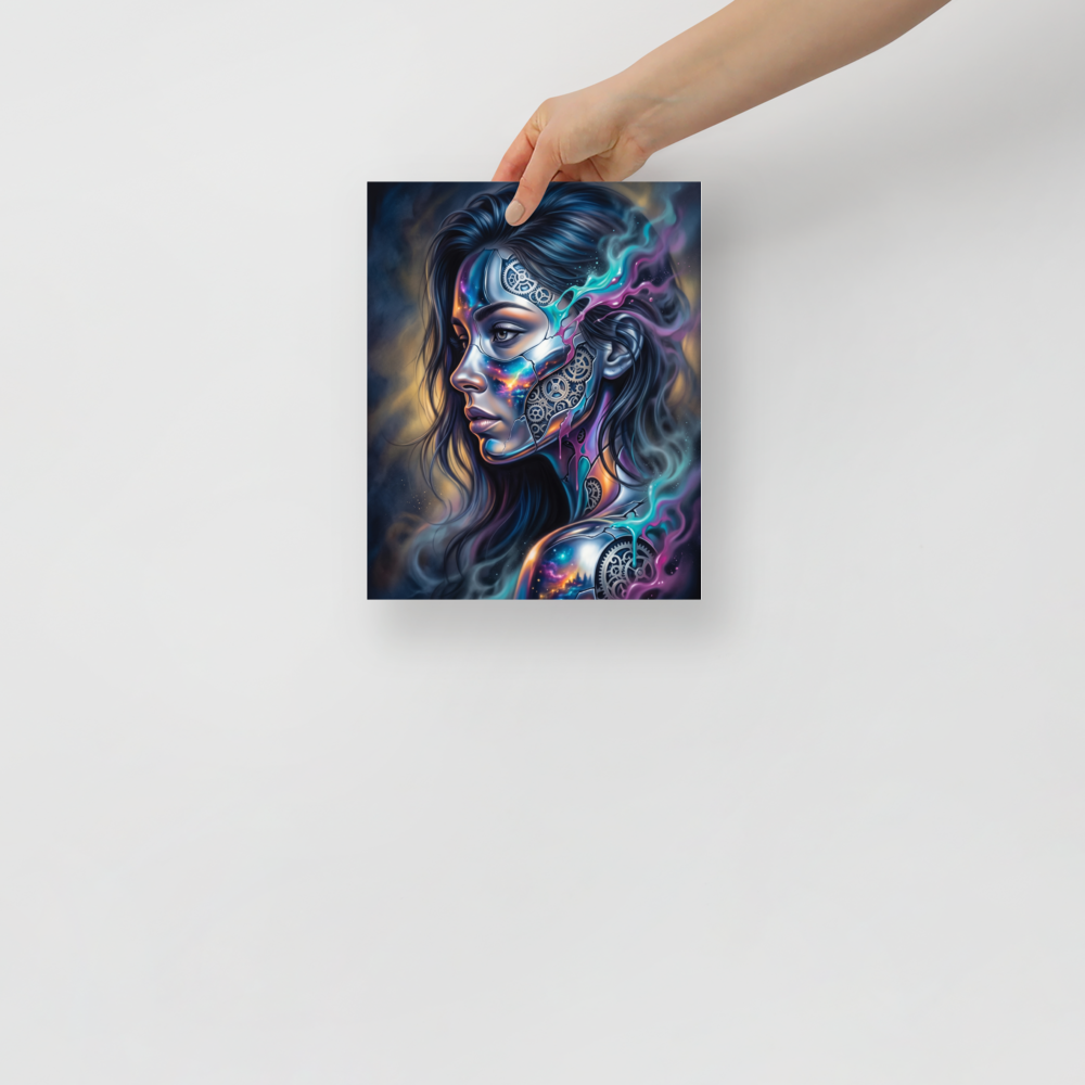 'Cosmic Clockwork' — a Surrealism print. A surreal cyberpunk portrait of a woman with gears and galaxies inside her face for a game room, framed by glowing teal and pink smoke.