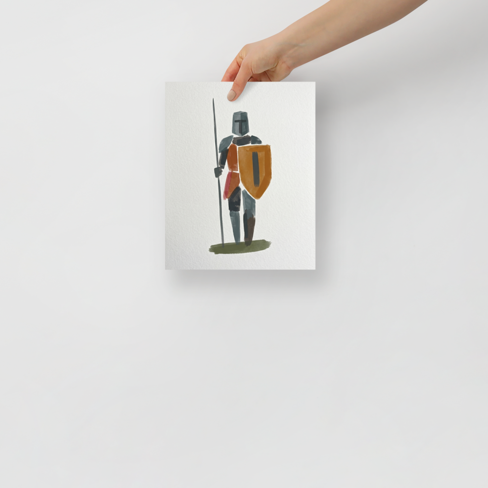 'Abstract Guardian' — a Minimalism print. An abstract minimalist painting of a knight with a shield and spear on a white textured background, great for a modern Entryway or Office.