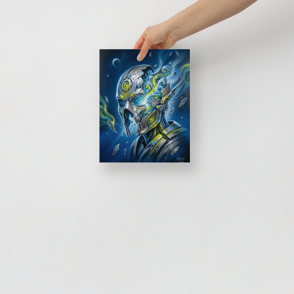'Shattered Automaton' — a Surrealism print. A metallic robot head shattering to reveal a swirling glowing cosmic interior against a starry space background, perfect for a modern Game Room.