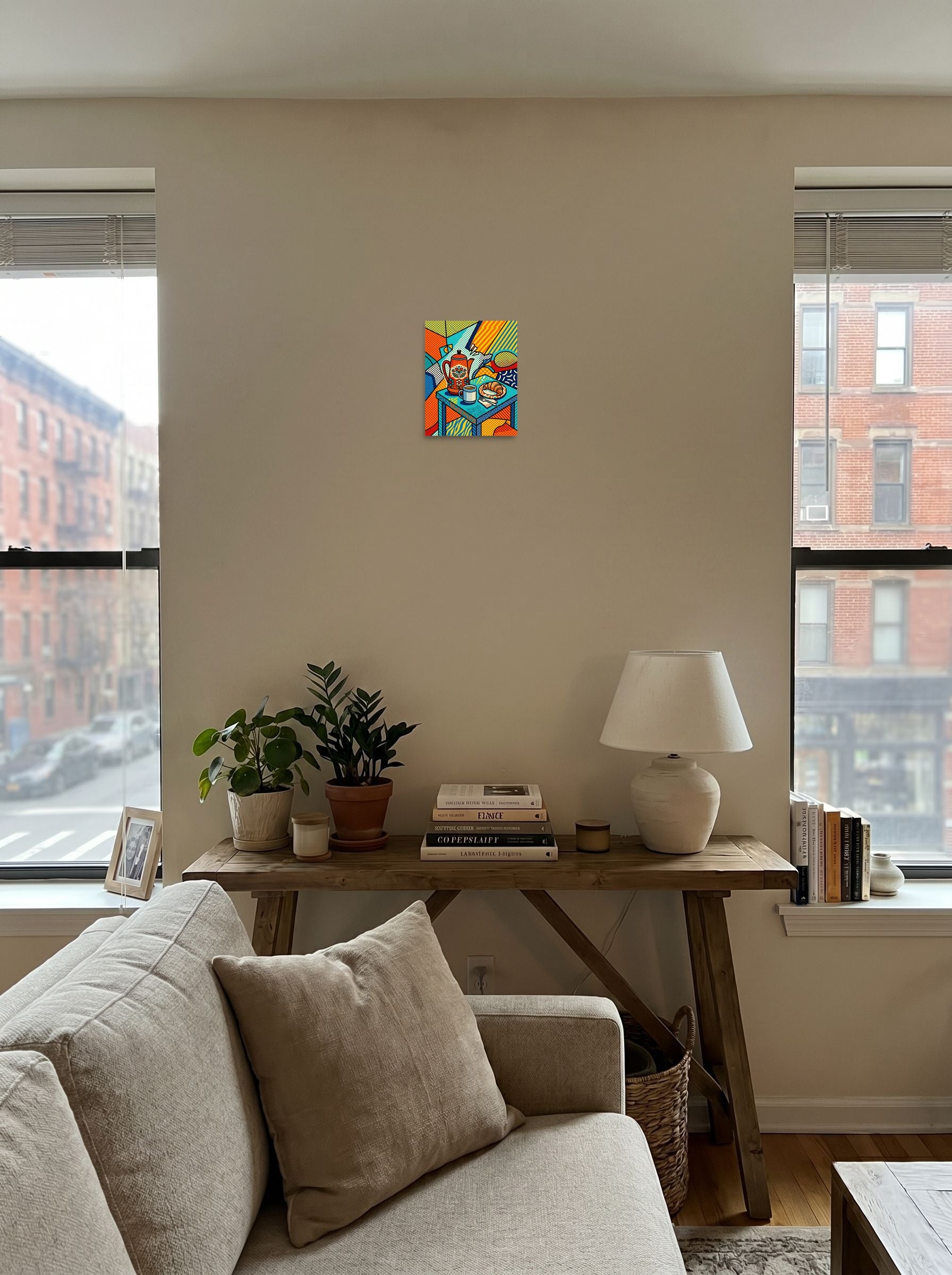 A 8x10 inch unframed paper Pop art,Cubism print of 'Morning Halftone' displayed in the center of a living room.