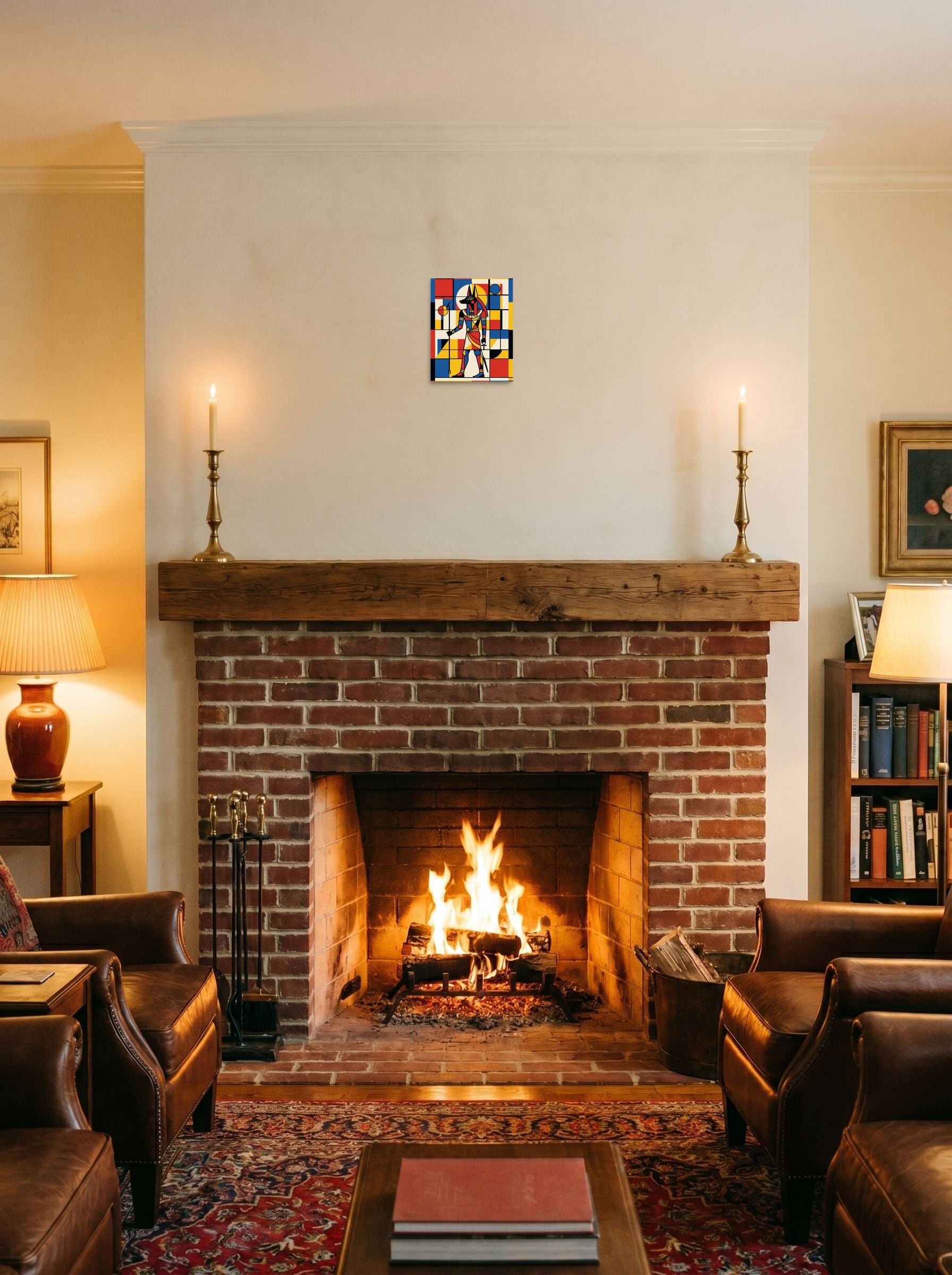 See 'Mondrian's Anubis' as a unframed paper print (8x10 inch), displayed above a fireplace.