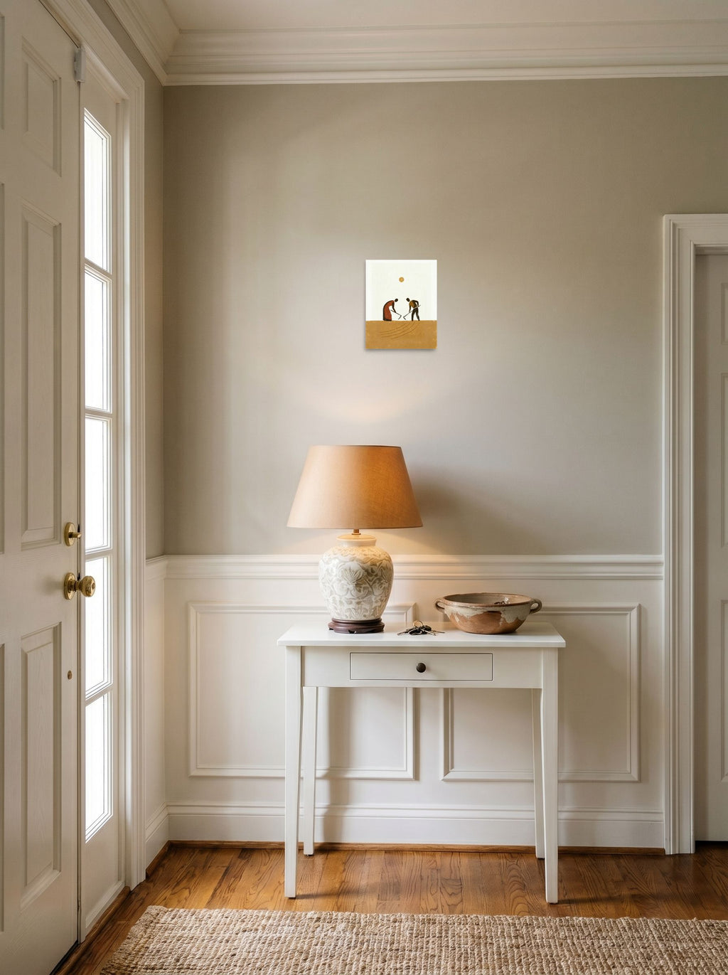A 8x10 inch unframed paper Minimalism,Modernism print of 'Harvest Rhythm' hanging in an entryway near a console.