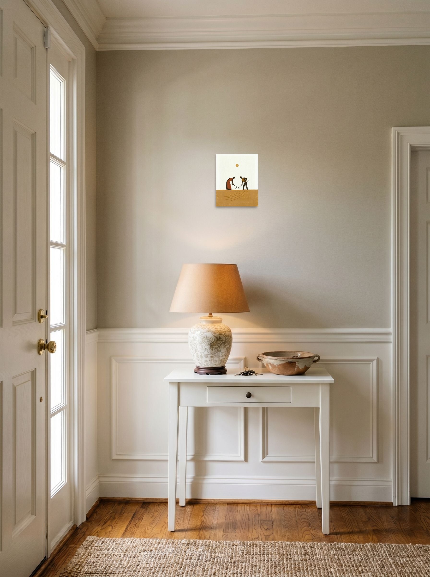 A 8x10 inch unframed paper Minimalism,Modernism print of 'Harvest Rhythm' hanging in an entryway near a console.