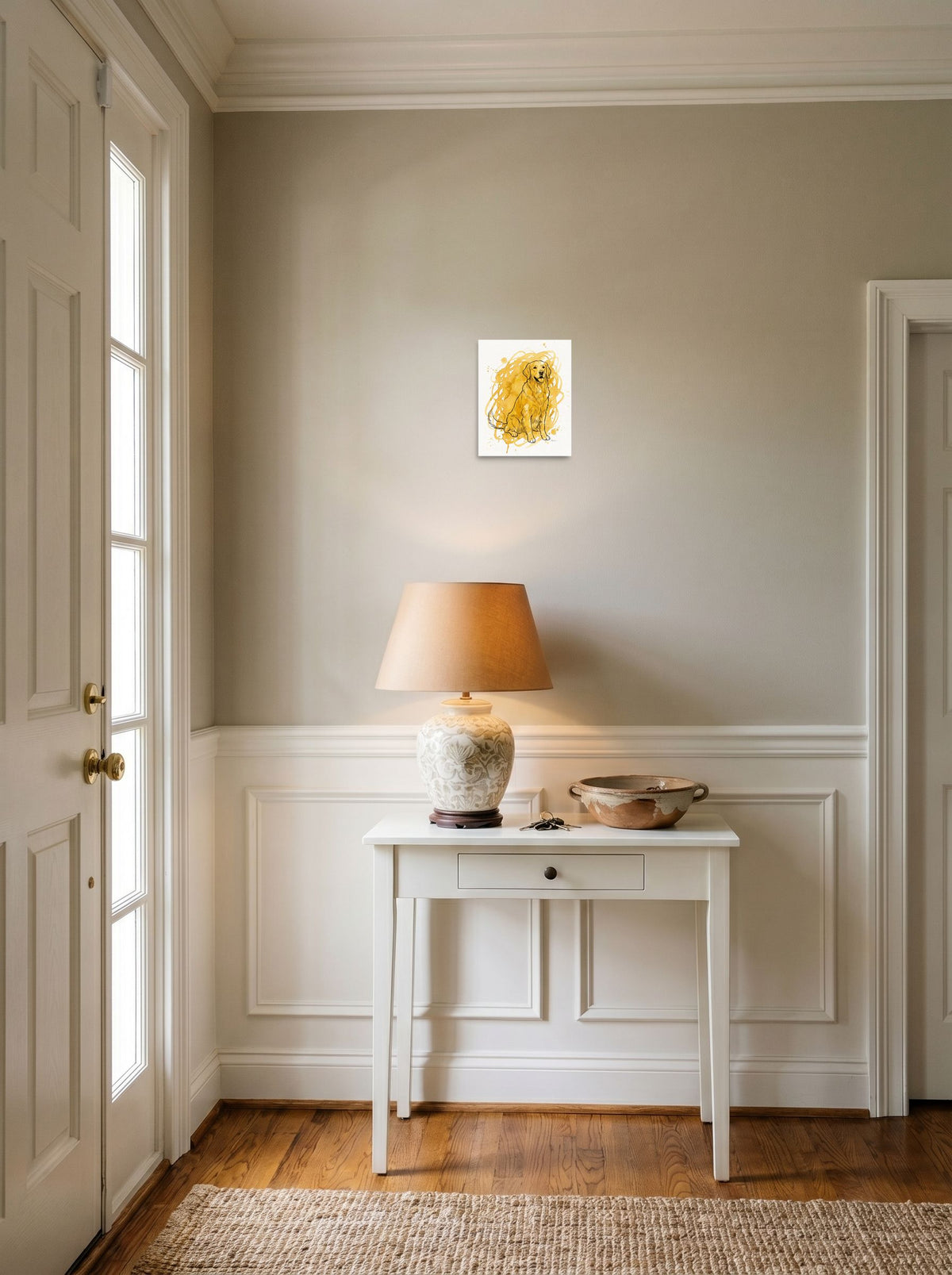 'Golden Companion' hanging in an entryway near a console, printed as unframed paper at 8x10 inch.
