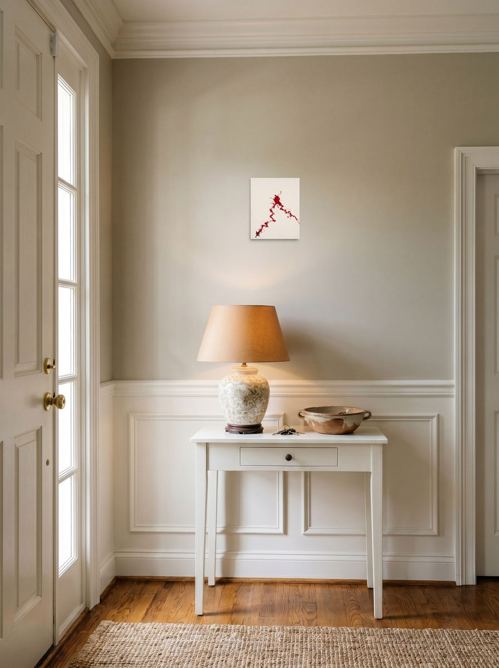 The Conceptual art print 'The Surge of Momentum', 8x10 inch unframed paper, hanging in an entryway near a console.