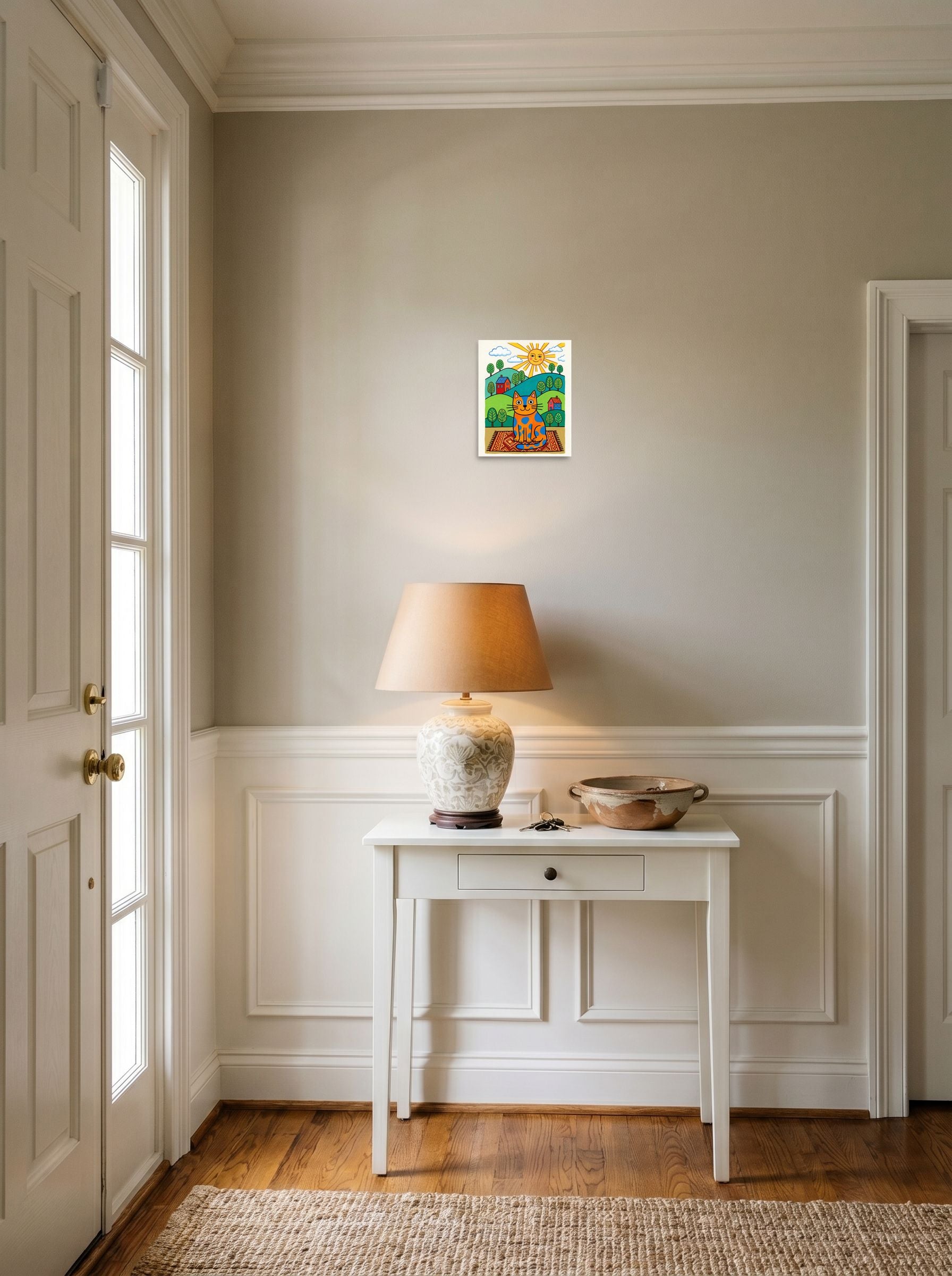 A 8x10 inch unframed paper Naive art print of 'The Sunlit Spotted Cat' hanging in an entryway near a console.