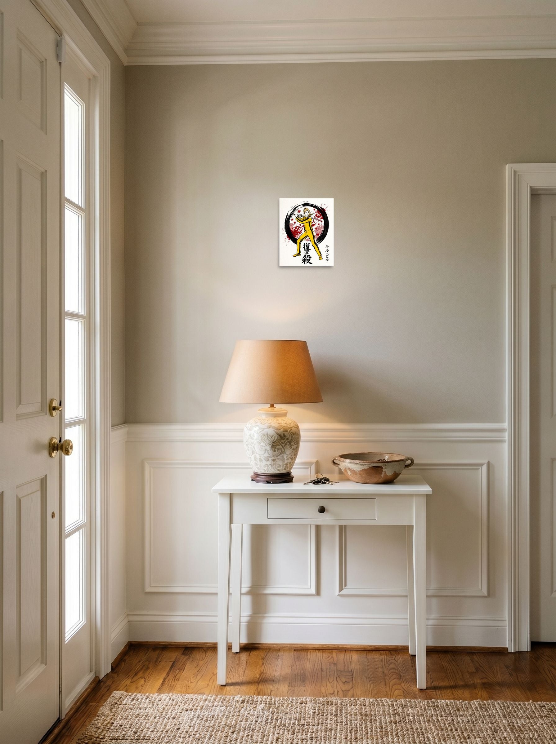 'The Path of Vengeance' hanging in an entryway near a console. A 8x10 inch unframed paper Shin hanga print.